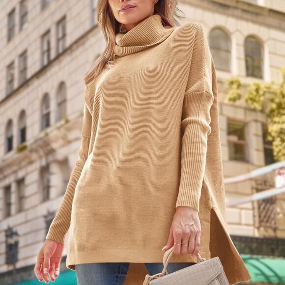 LILLUSORY Women's Khaki Turtleneck Batwing Sleeve Spilt Hem Sweater Large - Picture 6 of 7